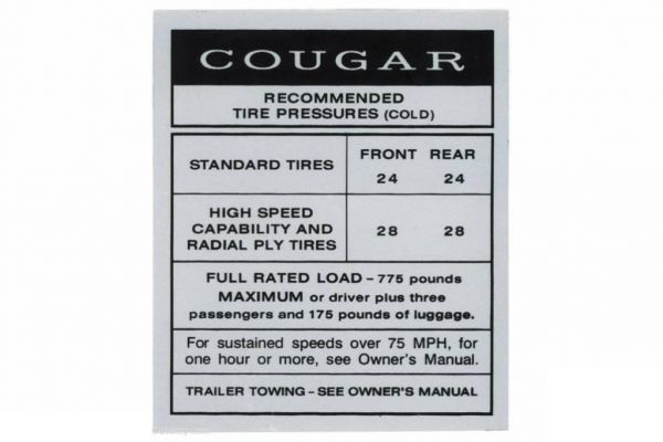 Reifendruck Aufkleber späte 1967 Mercury Cougar