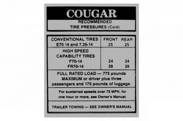 Reifendruck Aufkleber 1967 Mercury Cougar